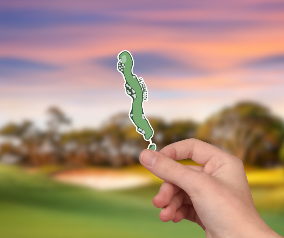 Shinnecock Hills Hole 16 sticker held in hand