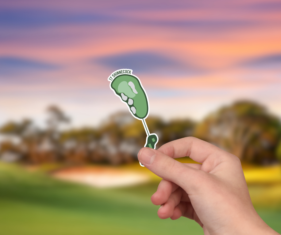 Shinnecock Hills Hole 17 sticker held in hand