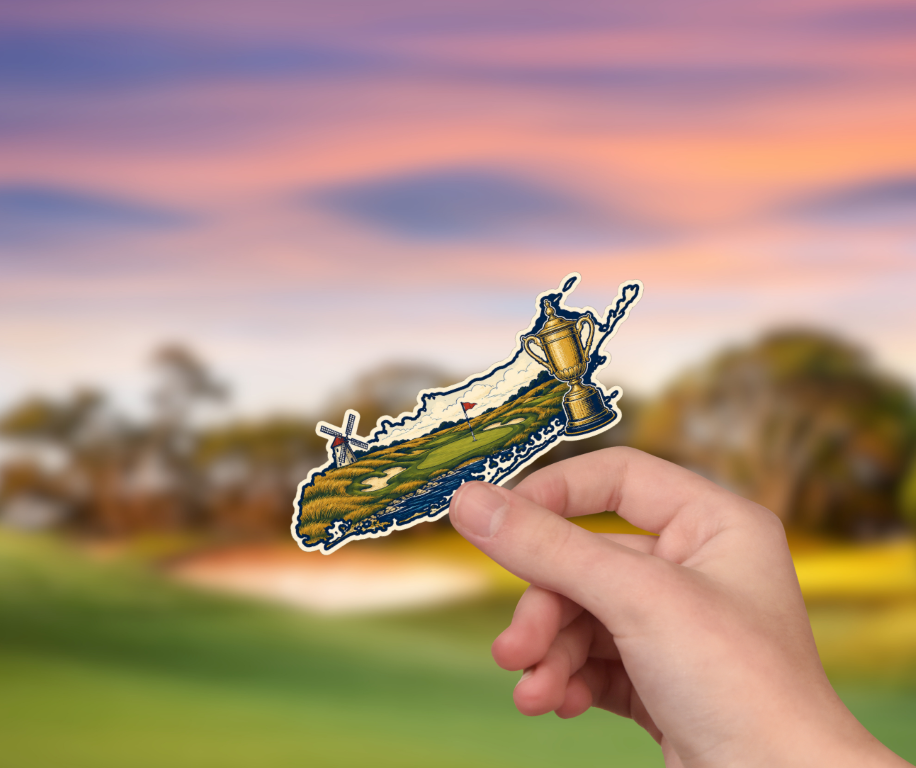 Shinnecock Hills Long Island sticker held in hand