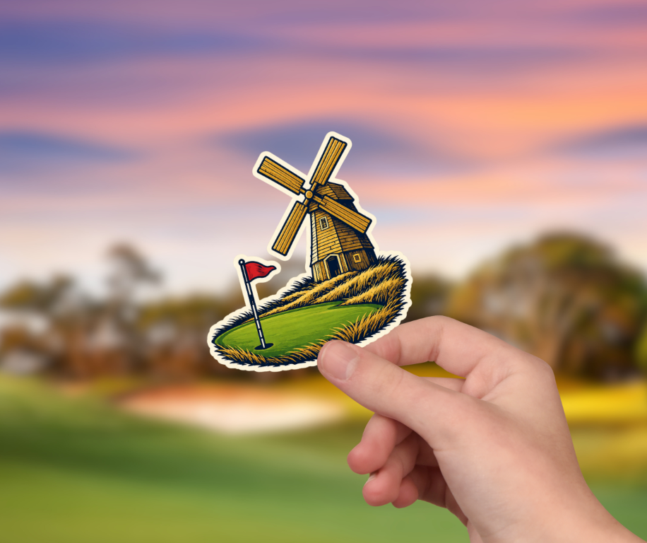 Shinnecock Hills windmill green sticker held in hand